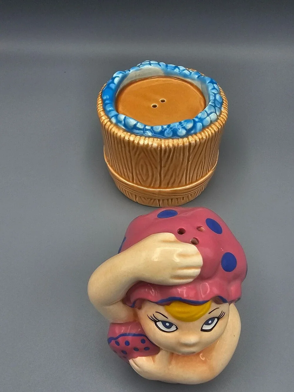 Vintage Ceramic Bathing Girl with Pink Polka Dot Cap Salt and Pepper Shakers
